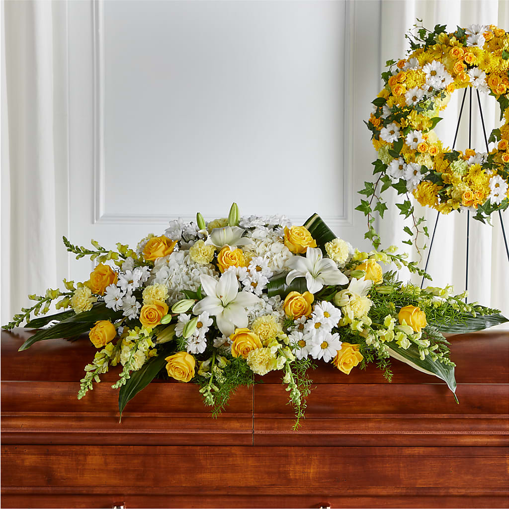 Golden Harmony Casket Spray –  Heliconia Flowers Of Colombia, Cuddebackville NY