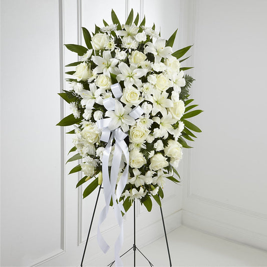 Exquisite Tribute Standing Spray-White Ribbon –  Heliconia Flowers Of Colombia, Cuddebackville NY
