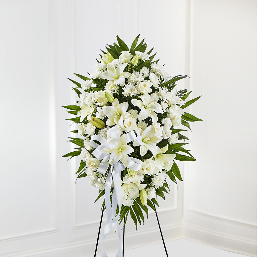 Exquisite Tribute Standing Spray-White Ribbon –  Heliconia Flowers Of Colombia, Cuddebackville NY