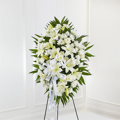 Exquisite Tribute Standing Spray-White Ribbon –  Heliconia Flowers Of Colombia, Cuddebackville NY